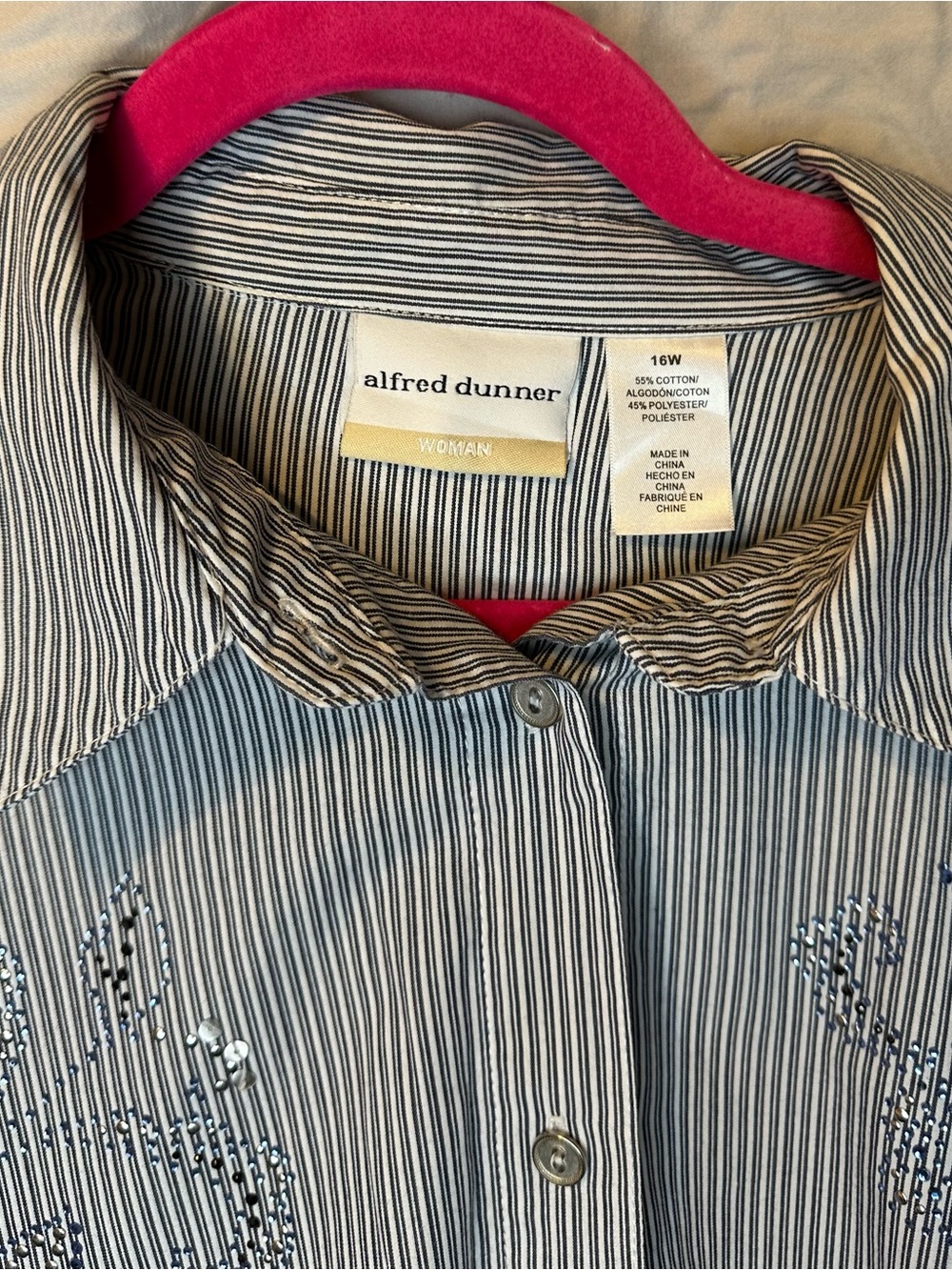 Alfred Dunner Navy & White Striped Embellished Button-Up Shirt - Picture 6 of 10